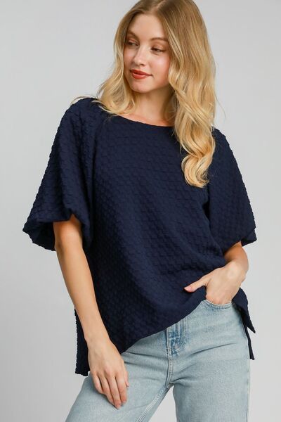Boxy Cut Jacquard Round Neck Top with Side Slit Plus Size