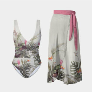 Printed Surplice Wide Strap Swimwear and Skirt Swim Set