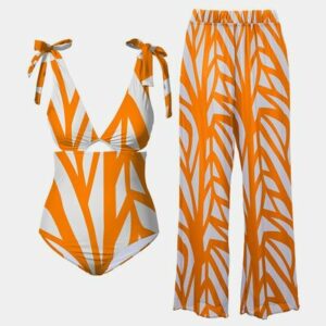 Printed Tie Shoulder Swimwear and Pants Swim Set