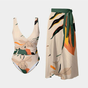 Printed Surplice Wide Strap Swimwear and Skirt Swim Set