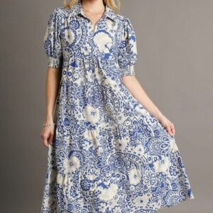 Printed Smocked Cuff Puff Sleeve Midi Dress Plus Size