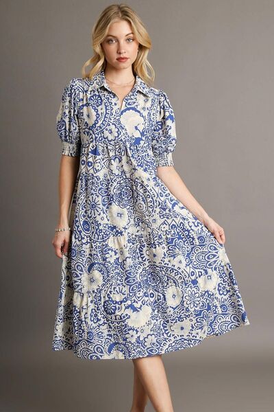 Printed Smocked Cuff Puff Sleeve Midi Dress Plus Size
