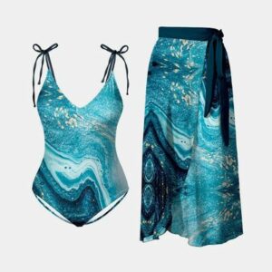 Printed Tie Shoulder Swimwear and Skirt Swim Set