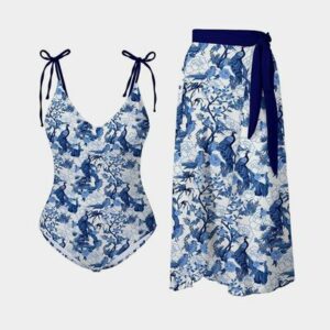 Printed Tie Shoulder Swimwear and Skirt Swim Set
