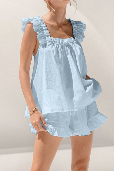 Ruffled Square Neck Top and Shorts Set - Image 4