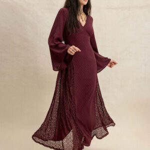 Lace Patchwork V-Neck Long Sleeve Midi Dress