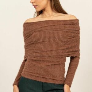 Fuzzy Off Shoulder Textured Knit Top